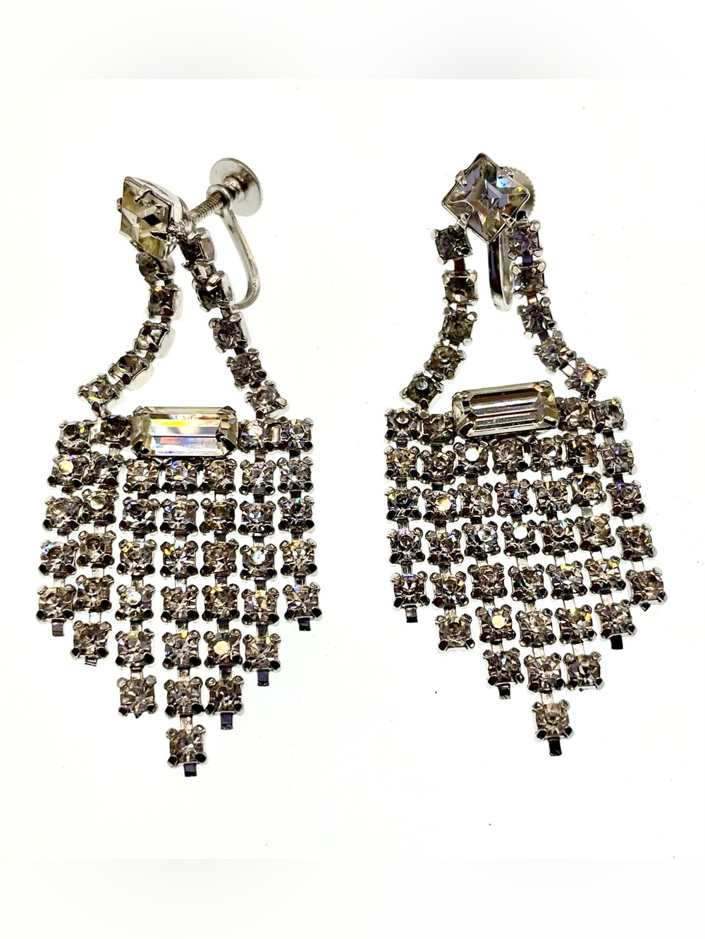 Vintage 1950s Rhinestone Chandelier Screw Back Earrings MCM Hollywood Regency